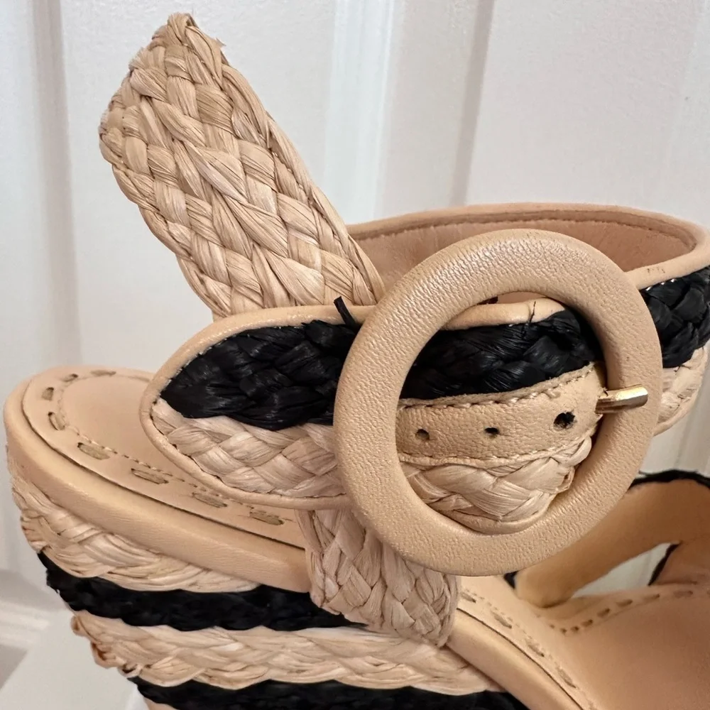Alice + Olivia Rafia Woven 1” Platform Black Tan Straw Summer Wedge Sandal Size9